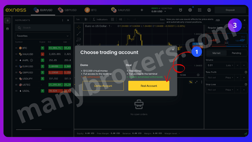 Открытие реального счета в Exness